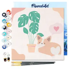 Figured'Art Mini Paint by Numbers Kit for Adults with Frame Little Puppy Loves Monstera Small format 8"x8" - Craft Art Painting DIY Canvas Already Stretched on a Wooden Frame