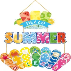 Hanging Sign - Hello Summer, Rustic Wood Wreath with Flip Flop Door Decor, Ice Lolly Slippers, Perfect for Beach, Outdoor, 13.7 x 7.0 inches