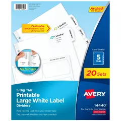 Avery Big Tab Printable Large White Label Dividers, 5-Tab with Easy Peel Labels, Dividers for 3 Ring Binders, 20 Sets (14440)