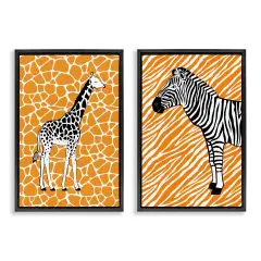 Stupell Industries Jungle Animals on Orange 2 pc Framed Floater Canvas Wall Art Set Design by Martina Pavlova
