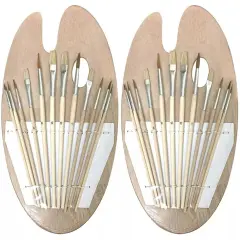 WOOD PALETTE + 12 PCS Artist BRUSH Set for Acrylic Oil Art Painting - 2 PACK