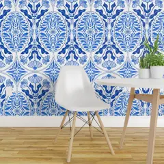 Pre-Pasted Wallpaper 2FT Wide Art Nouveau Floral Botanical Classic Traditional Faux Tiles Mediterranean Damask Blue And White Spring Summer Large Scale Custom Pre-pasted Wallpaper by Spoonflower