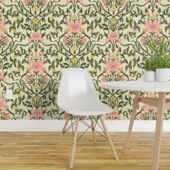 Peel & Stick Wallpaper 2FT Wide Floral Pink Green Botanical Hand Drawn Flowers Traditional Damask Cottagecore Farmhouse Custom Removable Wallpaper by Spoonflower