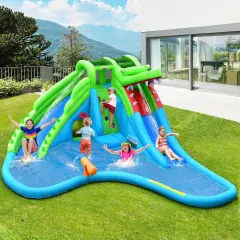 Costway Inflatable Kid Bounce House Dual Slide Climbing Wall Splash Pool w/Bag