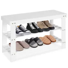 Costway Bamboo Shoe Rack Bench 3-Tier Storage Shelf Holder Home Entryway Hallway White