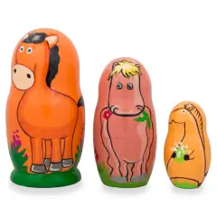 Set of 3 Horses with Flowers Wooden Nesting Dolls 4.25 Inches