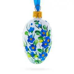 White with Blue Floral and Green Leaf Accents Mini Glass Egg Ornament 2.9 Inches