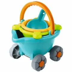 HABA Sand Bucket Scooter - 4 Piece Nesting Beach Toy Set, Toddler Beach Essentials with Sand Bucket, Sieve, Shovel, & Pail on Wheels for Toddlers 1-3 Multicolor