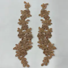 1 Pair 9.5" x 2" Each Side Beaded & Corded Floral Lace Applique Embroidered on 100% Polyester Net Mesh Rose Gold