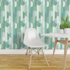 Pre-Pasted Wallpaper 2FT Wide Art Deco Nautical Stripe Scales Retro Vintage Vertical Stripes Fish Tiles Spring Green Monochrome Blue Beach House Vacation Home Coastal Ocean Custom Pre-pasted Wallpaper by Spoonflower