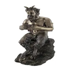 Bronzed Finish Pan Playing Flute Statue Greek Mythology Faun