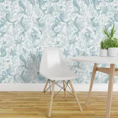 Non-Pasted Wallpaper 2FT Wide Underwater Ocean Nautical Summer Sea Turtles Mermaids Seafoam Coastal Toile De Jouy Traditional Wallpaper by Spoonflower