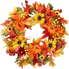 Fall Wreath Sunflower Pumpkins Berries Maple Leaves Daisies