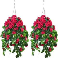 2PCS Fake Hanging Plants with Red Geranium Flowers - 31in