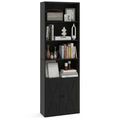 Costway 71" Farmhouse Bookcase with Doors with 6 Shelves & 2-Door Cabinet for Bedroom White/Black