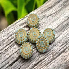 *6* 16mm Gold Washed Matte Turquoise Spiral Coin Beads