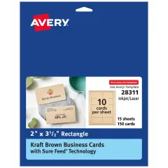 Avery Kraft Brown Business Cards with Sure Feed Technology, 2" x 3.5", Laser/Inkjet, 150 Printable Business Cards, Also Great for Appointment Cards and Loyalty Cards (28311)