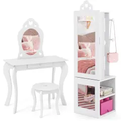 MDF Wood Kids Vanity Set with Mirror, Stool and Jewelry Cabinet White