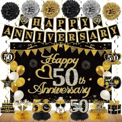 Happy 50th Anniversary Decorations Kit, Black Gold 50th Wedding Anniversary