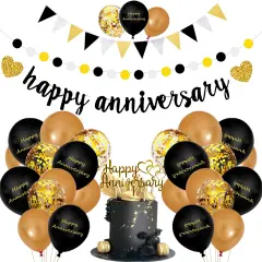 Happy Wedding Decorations &ndash; Gold & Black Banner, Cake Topper, Balloons & Hanging Decor