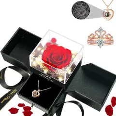 Preserved Real Rose with 100 Languages Necklace and 2-Layered Ring