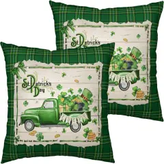 St Patricks Pillows Covers 18x18 Lucky Green Truck Filled with Shamrock Hat Gold Coin Throw Pillow Covers Green Buffalo Plaid