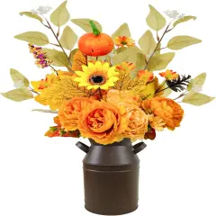 Artificial Fall Flowers with Metal Pot, Faux Silk Flower Arrangements