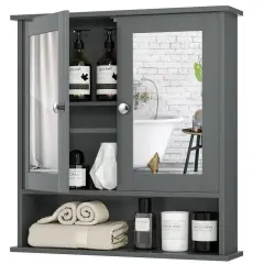 Wall Mounted MDF Bathroom Storage Cabinet with Mirrored Doors and Adjustable Shelves Grey