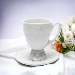 Ceramic White Rose Cup and Saucer, Wedding D&eacute;cor or Gift, Anniversary D&eacute;cor or Gift, Home D&eacute;cor