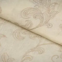 1 Yard White Sand Pure Linen Foliage Embroidered Fabric Midweight Woven 54 Inch Width Beige