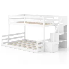 Space-Saving Wooden Twin Over Full Bunk Bed with Stair Storage and Safety Guardrails for Kids