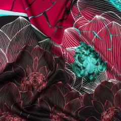 1 Panel Silk Charmeuse Linework Floral Italian Made Dark Berry Copper Oxide Black 53 Inches Wide