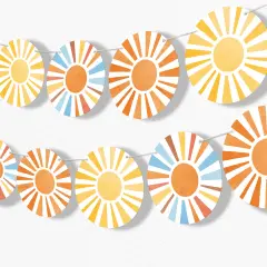 Big Dot of Happiness Retro Sunshine Garland Banner, Here Comes The Son Baby Shower Decorations Backdrop, 15 Feet of Cord, 15 Paper Sunburst Shapes