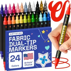 24 Dual-Tip Fabric Markers - Fabric Decorating Kit - Permanent for Clothes - No Bleed Pens for T-Shirts, Bags, Textile, Canvas, and More (Brush Tip and Fine Tip)