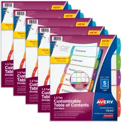 Avery Dividers for 3 Ring Binders, 5 Tabs per Set, Customizable Table of Contents, Multicolor Arched Tabs (11840)