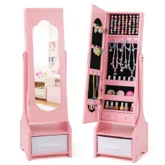 Costway Kids Jewelry Cabinet with Full-Length Mirror Drawer 2 Adjustable Tilt Angles White/Pink