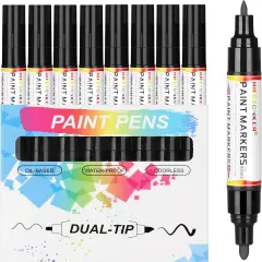Black Paint Pen Paint Marker - 8 Pack Dual Tip Oil Based Black Permanent Markers, Extra Fine Tip & Medium Fine Tip (0.7mm & 3mm), Quick Drying, Waterproof, Marker Pen for Fabric (8 Black)