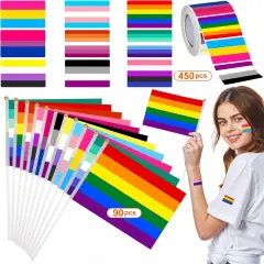 90 Pack Rainbow Pride Flags and 450 Pcs Pride Stickers Mini LGBTQ Flag Gay Pride Stickers Small Hand Held Bisexual Pansexual Lesbian Transgender Flags (Simple Style)