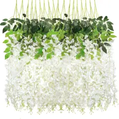 Artificial Wisteria Vine Hanging Rattan Garland Silk Flower for Wedding Party Home Garden Outdoor Ceremony Floral D&eacute;cor, White