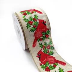 Designer&rsquo;s Shop WR 63-5204 Holiday Red Cardinals with holly and red berries Wired edge ribbon 2.5&rdquo; x 10 yard