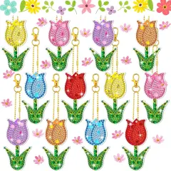 12 Pieces Spring Tulip Diamond Painting Keychain Kits