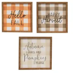 12" Square Autumn Plaid Wood Signs Framed for Harvest and Pumpkin Home Decor 3 Asstd.