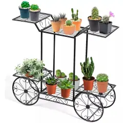 Garden Cart Metal Plant Stand Flower Display Rack Shelf with 4 Decorative Wheels