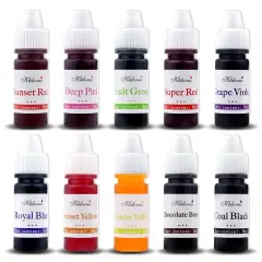 10 Liquid Colors for Soap Coloring,Coal Black, Royal Blue,Chocolate Brown,Lemon Yellow,Fruit Green,Sunset Red,Sunset Yellow,Deep Pink,Super Red and Grape Violet
