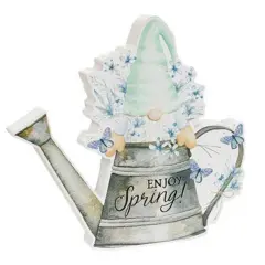 Enjoy Spring Gnome Wooden Sitter Watering Can Tabletop Decor with Mint Green Hat, Blue Florals & Butterflies