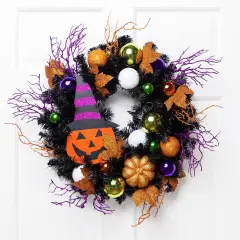 Northlight Glittered Jack-O-Lantern in Witch's Hat Artificial Halloween Wreath - 24" - Unlit Black