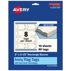 Avery Printable Banner Rectangle Flag Tags, Sure Feed Technology, 2" x 3-1/2", Matte Ivory Cardstock, Print-to-The-Edge, Laser/Inkjet Printable, 80 Total