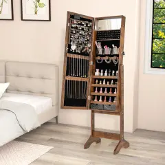 Full Length Mirror Jewelry Cabinet with 20 Warm Lights and 4 Tilt Angles Rustic Brown