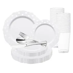 White with Silver Dots Round Blossom Disposable Plastic Wedding Value Set (120 Settings)