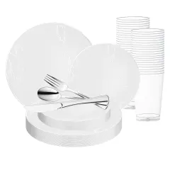 White with Silver Antique Floral Round Disposable Plastic Wedding Value Set (120 Settings)